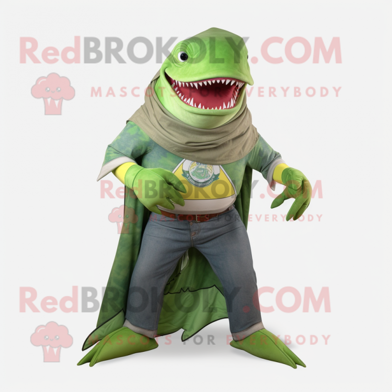 Lime Green Megalodon mascot costume character dressed with a Flare Jeans and Shawl pins