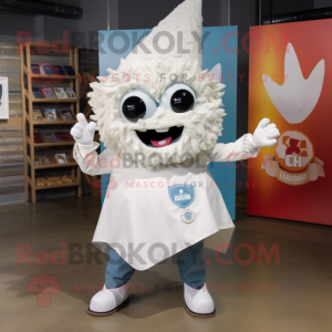 White Nachos mascot costume character dressed with a Chambray Shirt and Hair clips