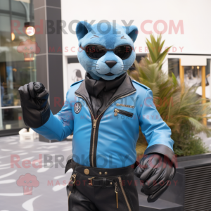 Sky Blue Jaguarundi mascot costume character dressed with a Biker Jacket and Belts