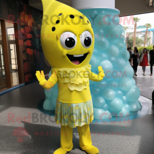 Lemon Yellow Mermaid mascot costume character dressed with a Swimwear and Beanies