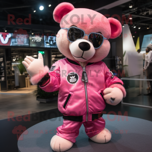 Pink Bear mascot costume character dressed with a Bomber Jacket and Bracelets