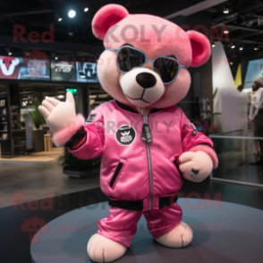 Pink Bear mascot costume character dressed with a Bomber Jacket and Bracelets