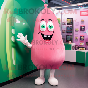 Pink Cucumber mascot costume character dressed with a Graphic Tee and Mittens