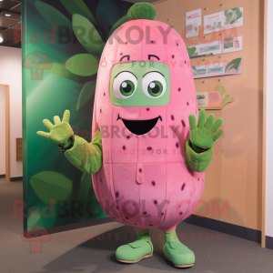 Pink Cucumber mascot costume character dressed with a Graphic Tee and Mittens