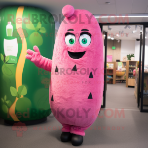 Pink Cucumber mascot costume character dressed with a Graphic Tee and Mittens