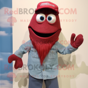 Maroon Cod mascot costume character dressed with a Chambray Shirt and Beanies