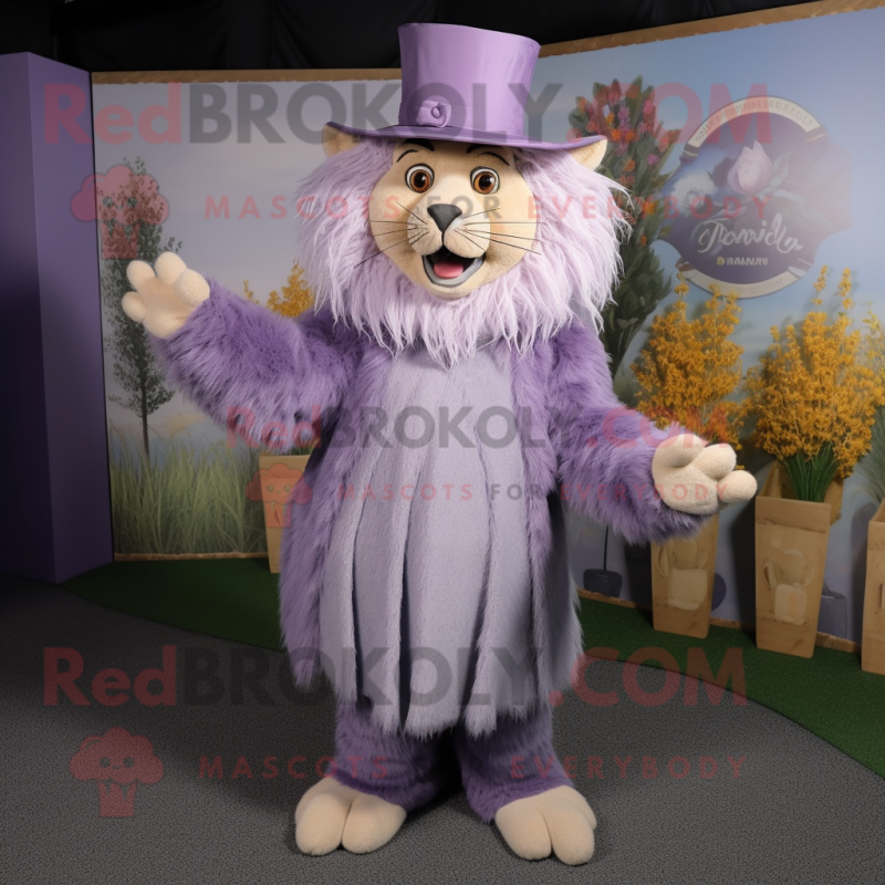 Lavender Tamer Lion mascot costume character dressed with a Midi Dress and Hat pins