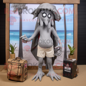 Gray Medusa mascot costume character dressed with a Board Shorts and Clutch bags