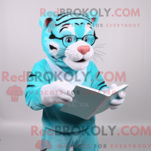 Maskotkarakter af en cyan...