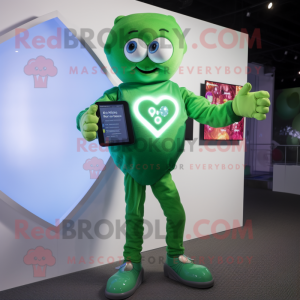 Green Heart mascot costume character dressed with a Bodysuit and Digital watches