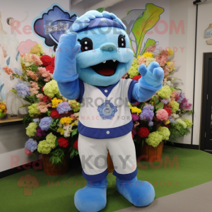 Sky Blue Bouquet Of Flowers mascot costume character dressed with a Baseball Tee and Cummerbunds