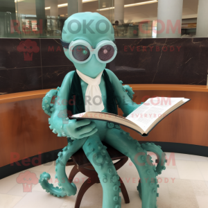 Teal Octopus mascot costume character dressed with a Wedding Dress and Reading glasses