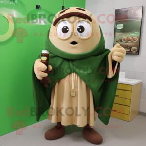 Tan Green Beer mascot costume character dressed with a Coat and Shawls