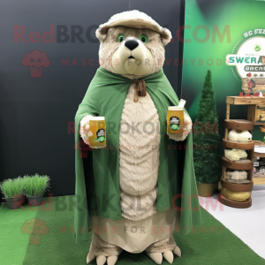 Tan Green Beer mascot costume character dressed with a Coat and Shawls