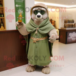 Tan Green Beer mascot costume character dressed with a Coat and Shawls