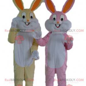 2 konijnenmascottes een geel en wit en een roze en wit -