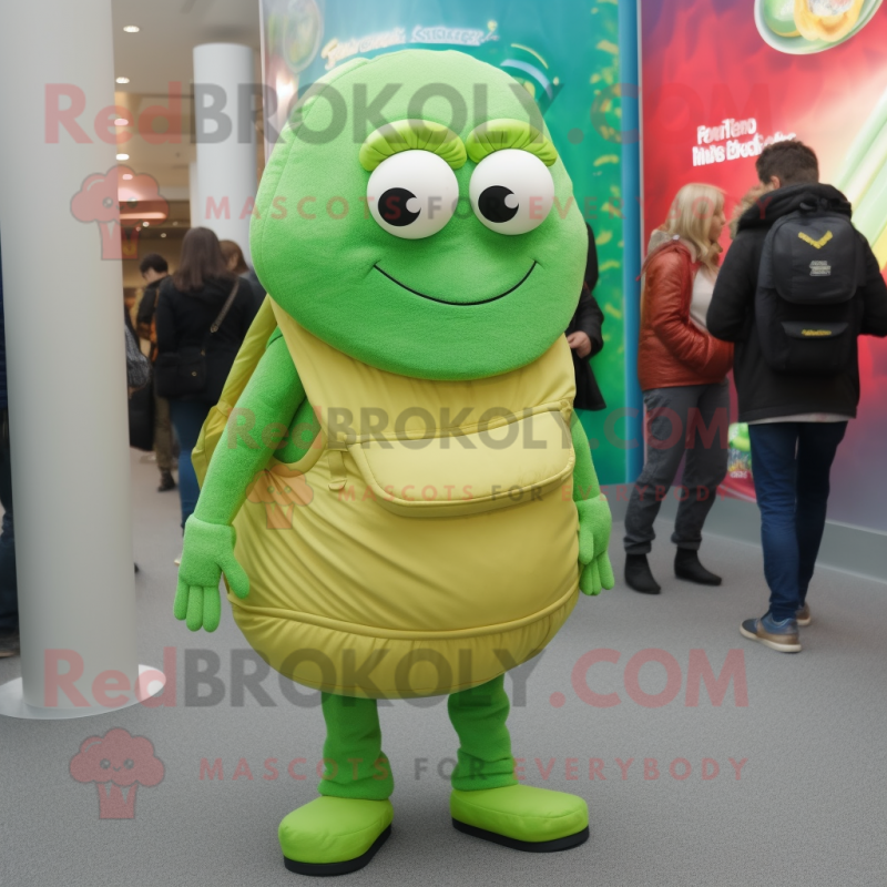 Lime Green Falafel mascot costume character dressed with a Turtleneck and Backpacks