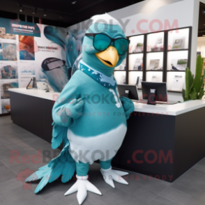 Turquoise Pigeon mascot costume character dressed with a Graphic Tee and Reading glasses