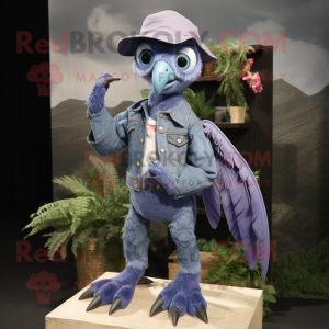 Lavender Archeopteryx mascot costume character dressed with a Denim Shirt and Wraps