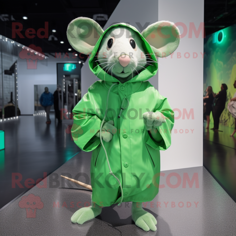 Lime Green Rat mascot costume character dressed with a Raincoat and Shoe laces