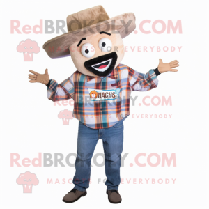 Tan Tacos mascot costume character dressed with a Flannel Shirt and Hair clips