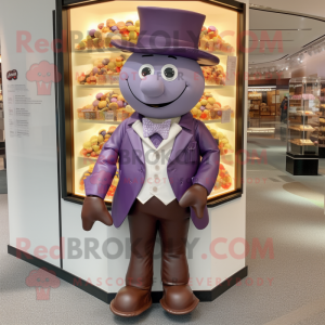 Lavender Chocolates mascot costume character dressed with a Suit Pants and Hat pins