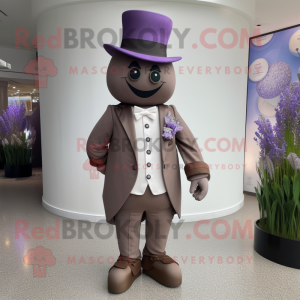 Lavender Chocolates mascot costume character dressed with a Suit Pants and Hat pins
