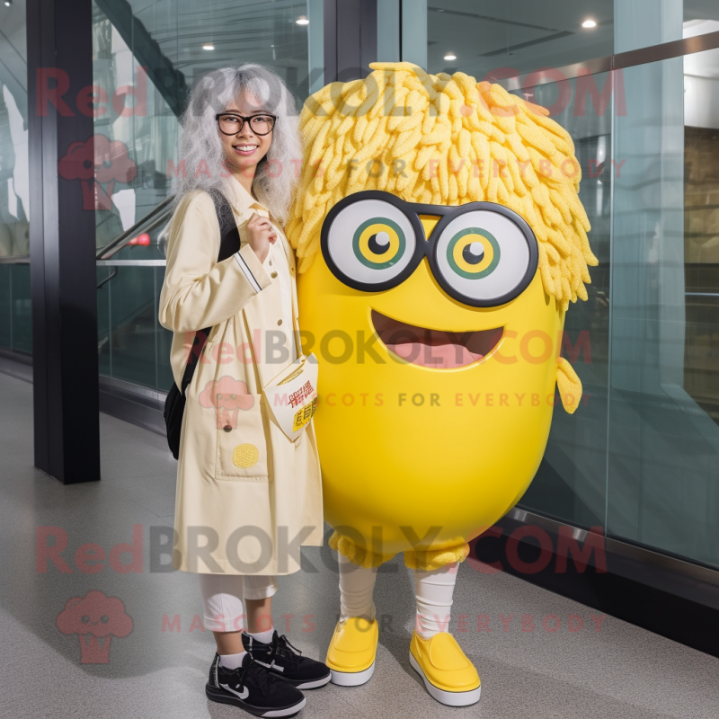 Lemon Yellow Ramen mascot costume character dressed with a Graphic Tee and Eyeglasses
