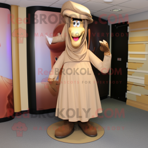 Tan Horseshoe mascot costume character dressed with a Maxi Dress and Foot pads