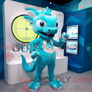 Maskotfigur av en cyan...