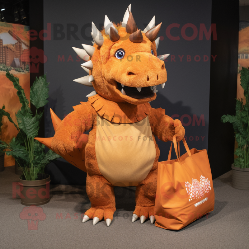 Rust Stegosaurus mascot costume character dressed with a Romper and Tote bags