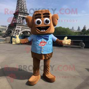 Brown French Fries mascot costume character dressed with a Denim Shirt and Bow ties