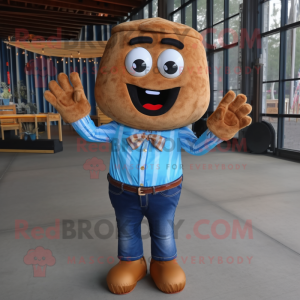 Brown French Fries mascot costume character dressed with a Denim Shirt and Bow ties