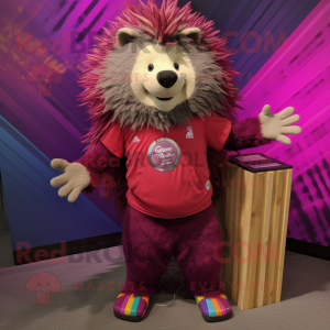 Magenta Porcupine mascot costume character dressed with a Board Shorts and Necklaces