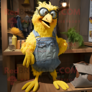 Yellow Crow mascot costume character dressed with a Denim Shorts and Keychains