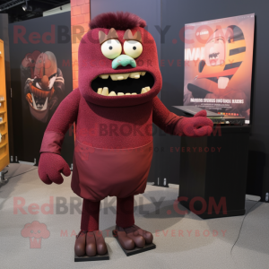 Maroon Frankenstein'S Monster mascot costume character dressed with a Pencil Skirt and Foot pads