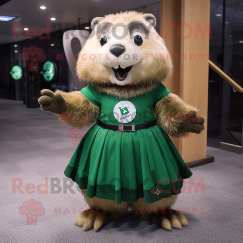 Green Marmot mascot costume character dressed with a Circle Skirt and Hairpins