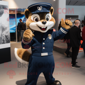 Navy Marten mascot costume character dressed with a Rugby Shirt and Rings