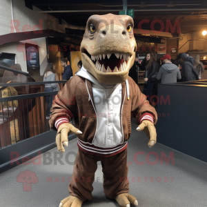 Brown Allosaurus mascot costume character dressed with a Sweatshirt and Pocket squares