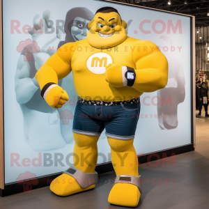 Yellow Strongman mascot costume character dressed with a T-Shirt and Smartwatches