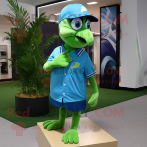 Lime Green Blue Jay mascot costume character dressed with a Polo Tee and Beanies