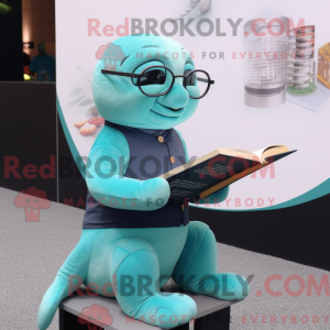 Maskotkarakter av en cyan...