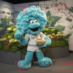 Maskotfigur af en cyan...