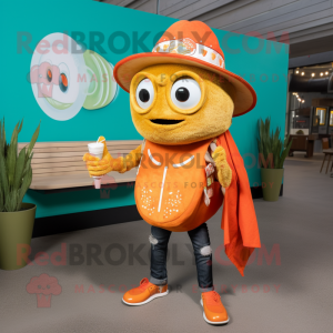 Orange Fish Tacos mascot costume character dressed with a Skinny Jeans and Smartwatches