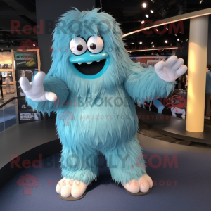 Turquoise Yeti mascot costume character dressed with a Bomber Jacket and Shoe laces