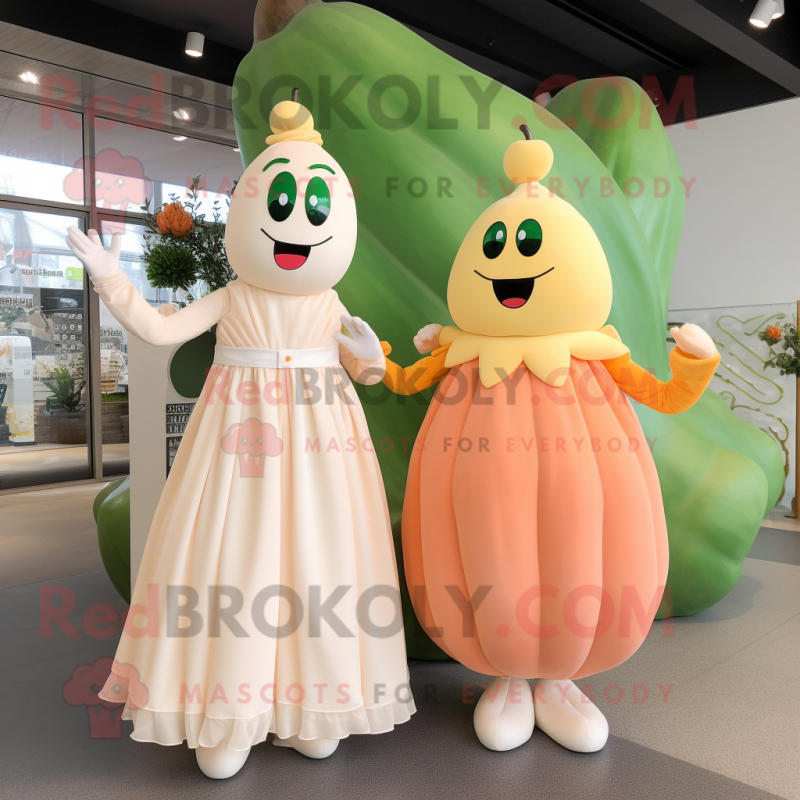 Peach Celery mascot costume character dressed with a Wedding Dress and Mittens