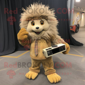 Tan Porcupine mascot costume character dressed with a Corduroy Pants and Shoe clips
