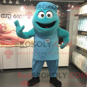 Maskotfigur af en cyan...