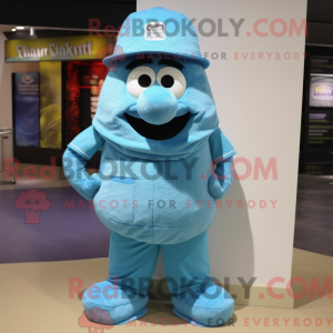 Maskotfigur af en cyan...