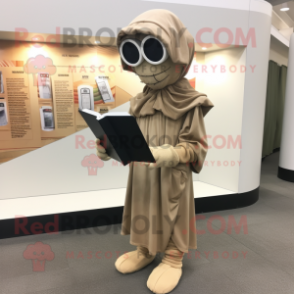 Tan Stilt Walker mascot costume character dressed with a Hoodie and Reading glasses